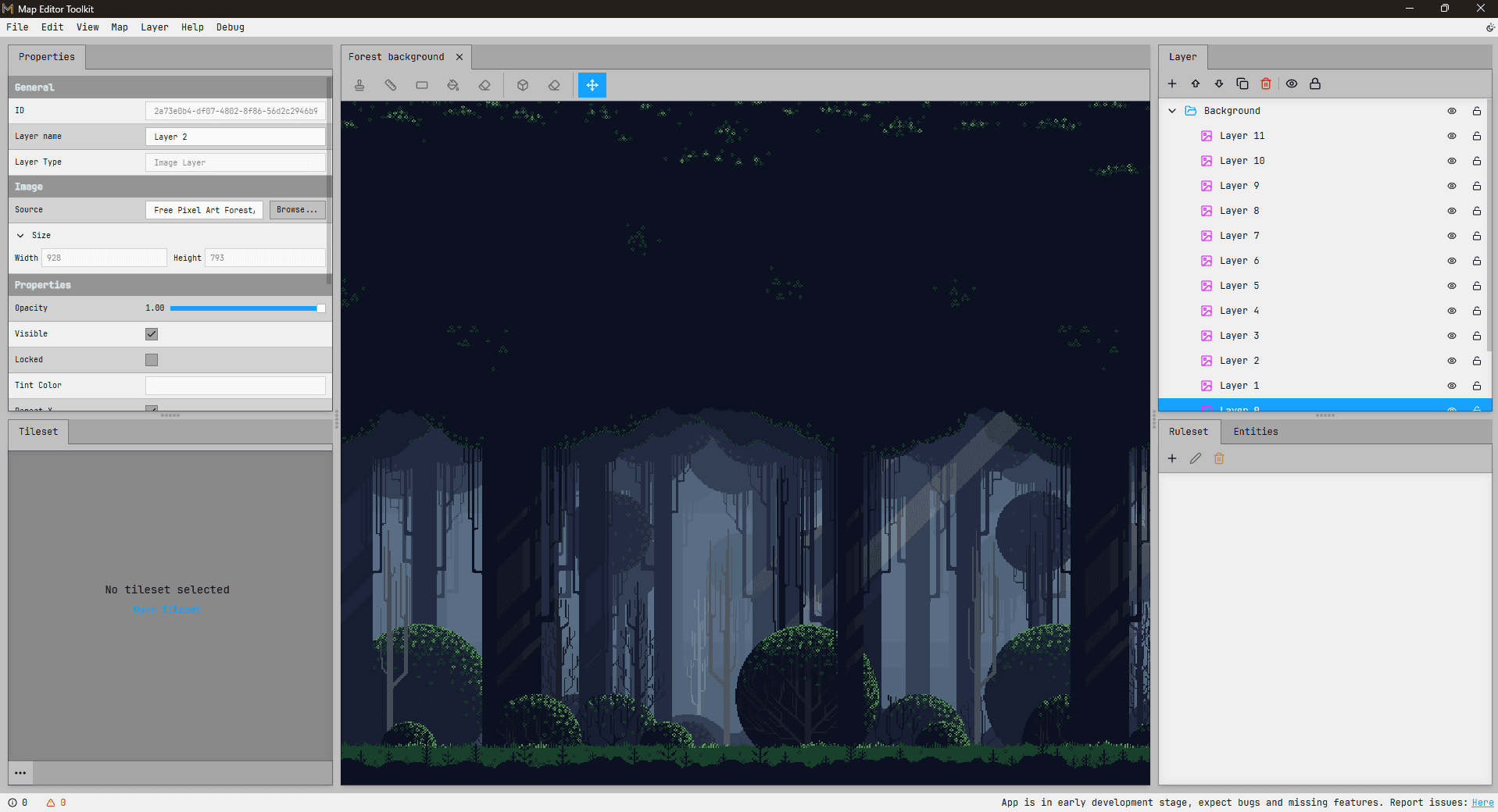 METK desktop editor showing a forest tilemap canvas, properties, tileset, and layer panels